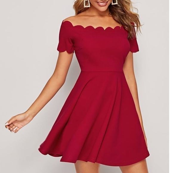 SHEIN Dresses & Skirts - SHEIN EUC XS Burgandy/Red Scallop Short Off Shoulder Dress